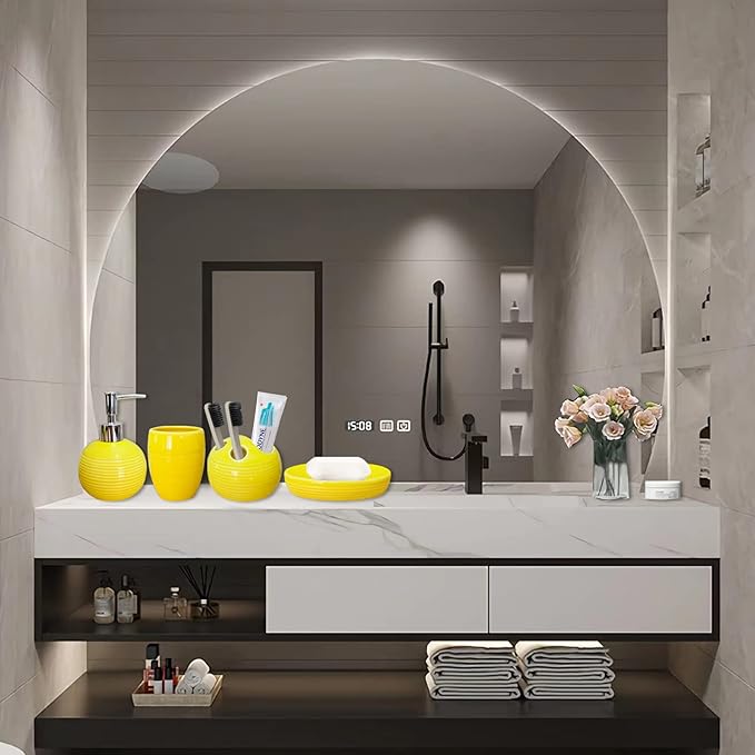 Bathroom Accessories Set 4 Piece Yellow Ceramic Bathroom Decor Accessory Set with Toothbrush Holder,Lotion Dispenser, Soap Dish,Cup