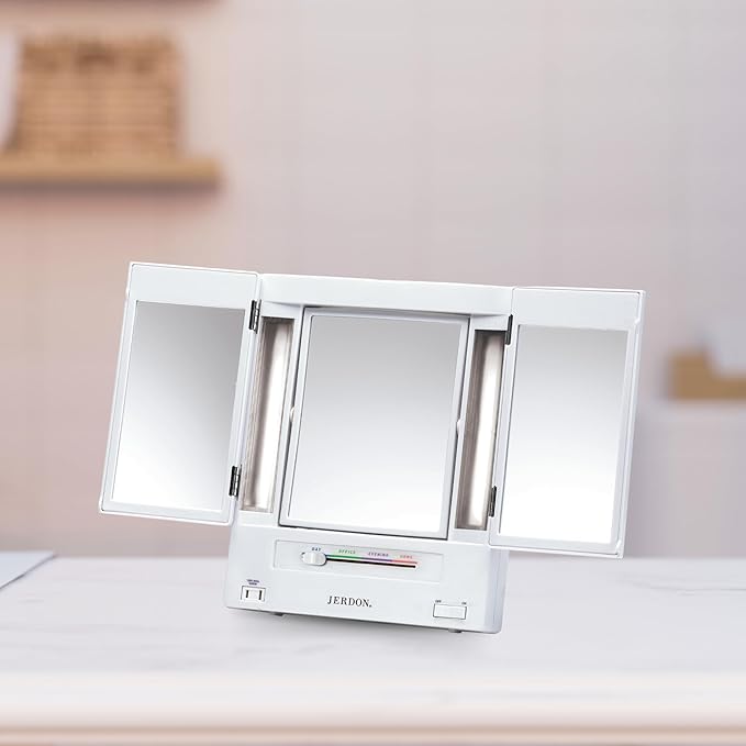 JERDON Tri-Fold Two-Sided Makeup Mirror with Lights - Vanity Mirror with 5X Magnification & Multiple Light Settings - White Base - Model JGL9W