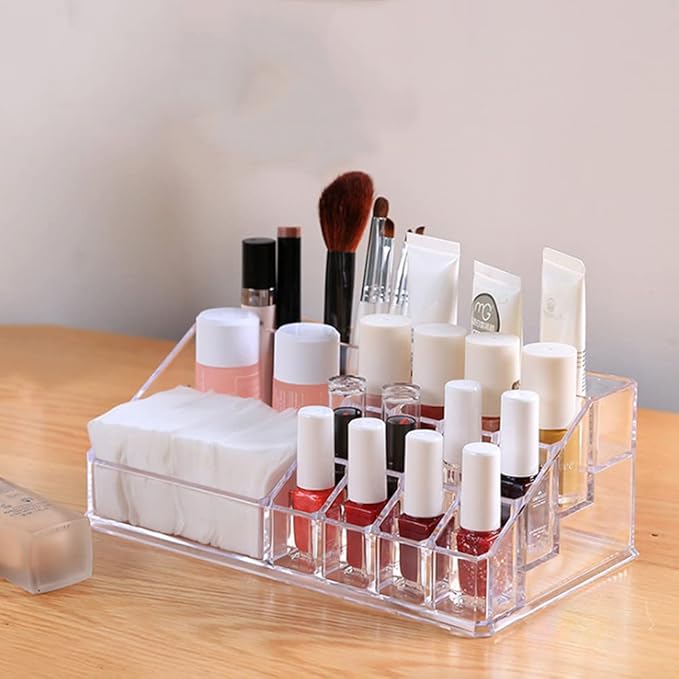 Clear Makeup Organizer, 12-Lipstick Slots and 4-Compartments Cosmetic Storage Display Case, Makeup Accessories Storage Stand for Lipstick, Brushes (Medium)
