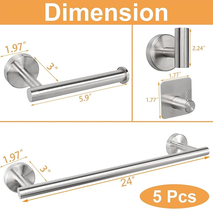 TocTen Bathroom Hardware Set, Thick Stainless Steel Bath Towel Bar Set Including Towel Rack for Bathroom+Toilet Paper Holder+3 Robe Towel Hooks Wall Mount Bathroom Accessory Set(24IN,Brushed Nickel)