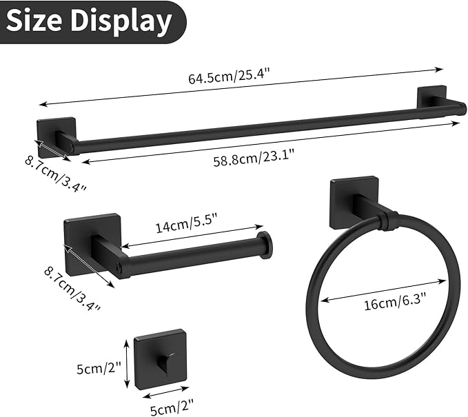 KLJKPA Black Bathroom Accessories Set, 24 inch Towel Racks for Bathroom, Stainless Steel Bathroom Hardware Set, Wall Mounted, 4-Piece