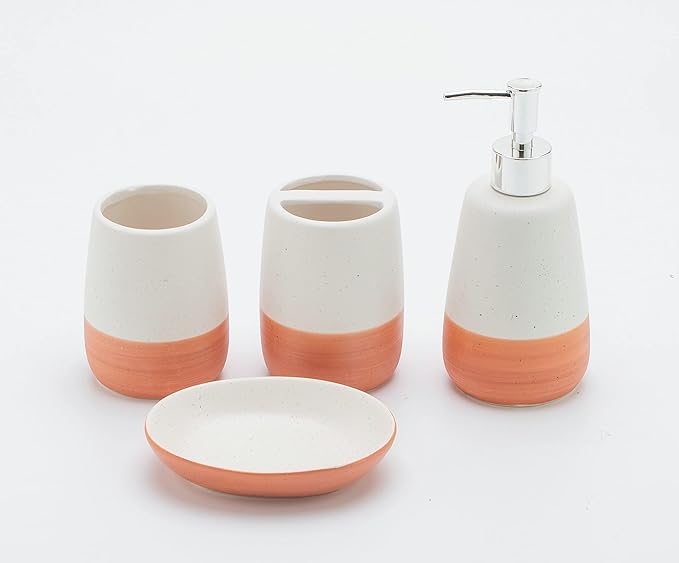 Orange Bathroom accesory Set 4pc,Coral Toothbrush Holder Terracotta Color soap Dispenser soap Dish Tumbler Cup for Bathroom Decor and Gift countertop Decor(Orange)
