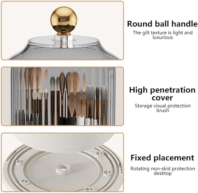 Makeup Brush Holder Organizer -360° Rotating Luxury Cosmetic Organizer With Lid Desktop Makeup Organizer Lipstick Eyebrow Pencil Holder Eye Shadow Storage Box
