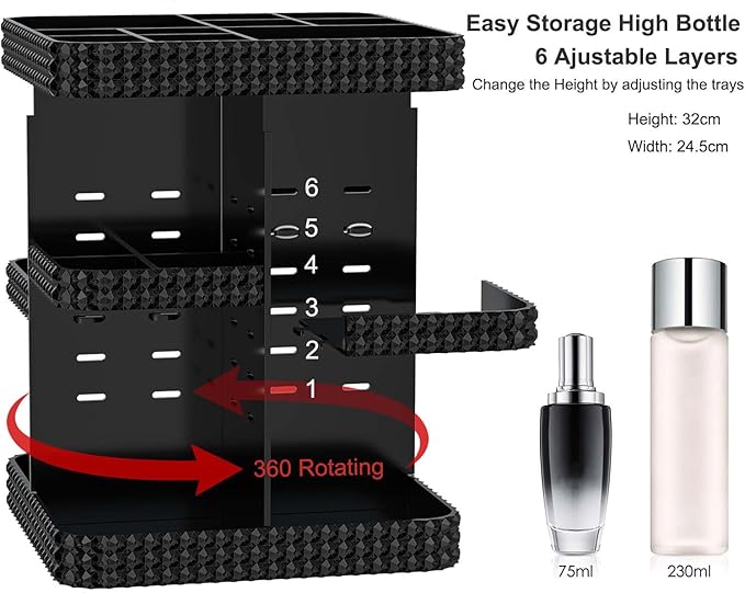 Rotating Makeup Organizer, Large Capacity Cosmetic Display Case, Acrylic Skincare Organizer with Brush Holder, Makeup Storage Organizer for Dresser Countertop and Bathroom Vanity - Black