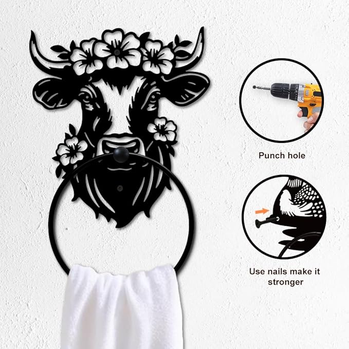 MAYJOYDIY Bull Head Flower Metal Towel Ring Cow Flower Towel Holder Animal Plants Wall Decor Towel Hanger Black Art Towel Rack Wall Mounted for Bathroom Kitchen Home Decors Gift
