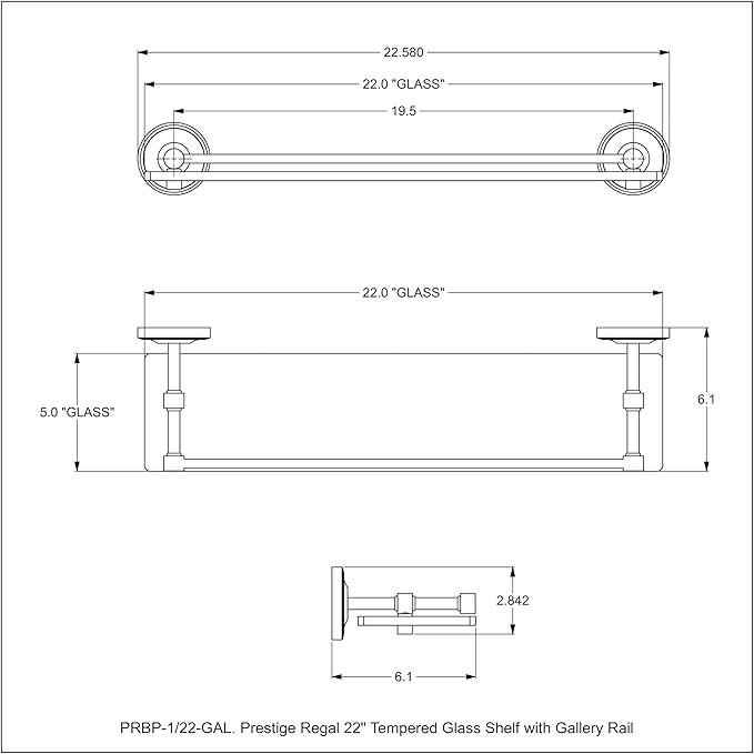 Allied Brass PRBP-1/22-GAL-GYM Prestige Regal 22 Inch Tempered Glass Gallery Rail Shelf, Matte Gray