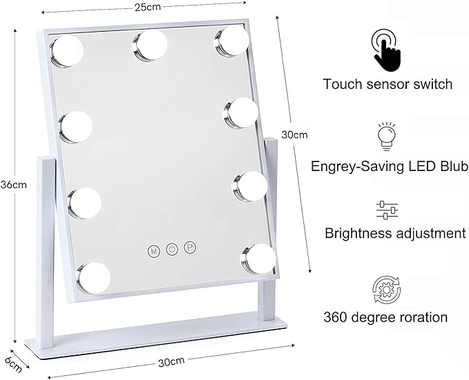Lights Vanity Mirror, 14.5" L x 12" W LED Makeup Mirror with 9 LED Lights,3 Modes Light Modes&Touch Control Dimmable Tabletop Makeup Mirror,Detachable 10X Magnification,360°Rotation (White)