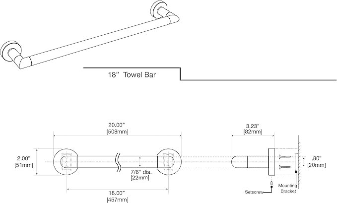 Gatco 4311 Glam Single Towel Bar, 18 Inch, Polished Nickel | Wall Mount Bathroom Towel Holder | Total Length 20"
