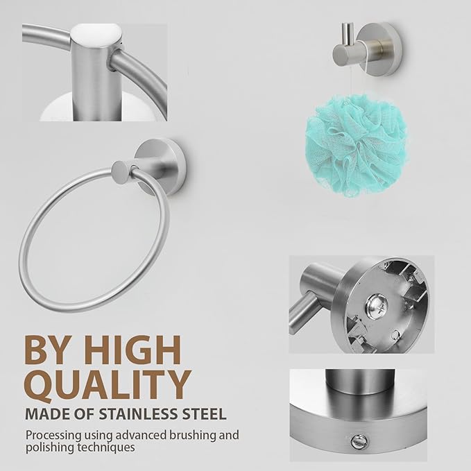 Bathroom Hardware Set 4 Piece – 24 Inch Towel Bar Set,Rustproof Stainless Steel Bathroom Accessories Kit with Towel Ring, Toilet Paper Holder & Robe Hook, Wall Mounted Bathroom Fixtures Set