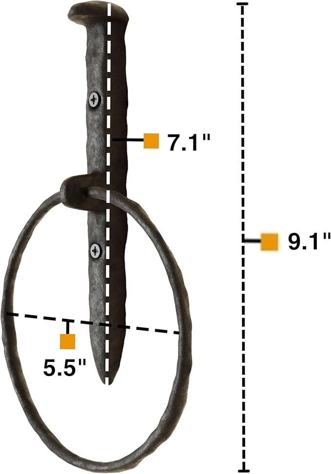 Rustic State Fred Wall Mount Railroad Spike Industrial Design Cast Iron Towel Ring with Hammered Effect Texture for Bathroom and Kitchen - Hand Towel Holder Hanger Rack - Black