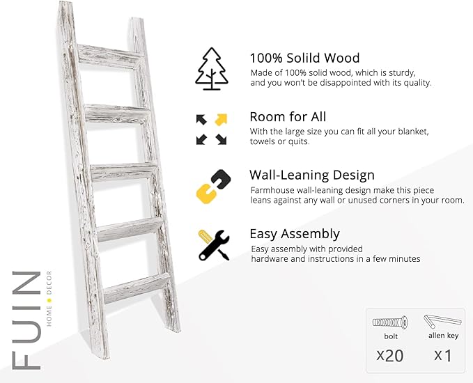 FUIN 5ft (58") Wood Blanket Ladder Living Room Decorative Wall Leaning Farmhouse Quilt Display Holder Wooden Towel Rack for Bathroom, Rustic White
