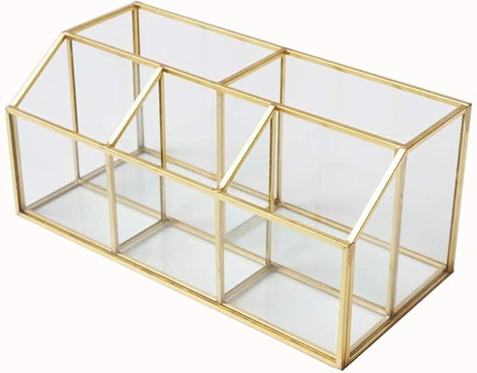 Yamfurvo Makeup Organizer Handmade Vintage Brass Frame Makeup Brush Holder Glass Makeup Brushes Storage Cosmetic Organizer Makeup Vanity Decoration Jewelry Box,(3+2) Segments