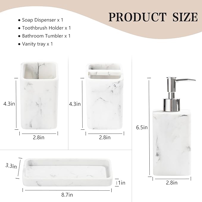 YMXYJM Bathroom Accessories Set, 4 Pcs Bathroom Accessory Set, Soap Dispenser, Toothbrush Holder, Qtip Holder Set, Bathroom Sets Complete, Bathroom Sink Set for Modern Home Decor, White