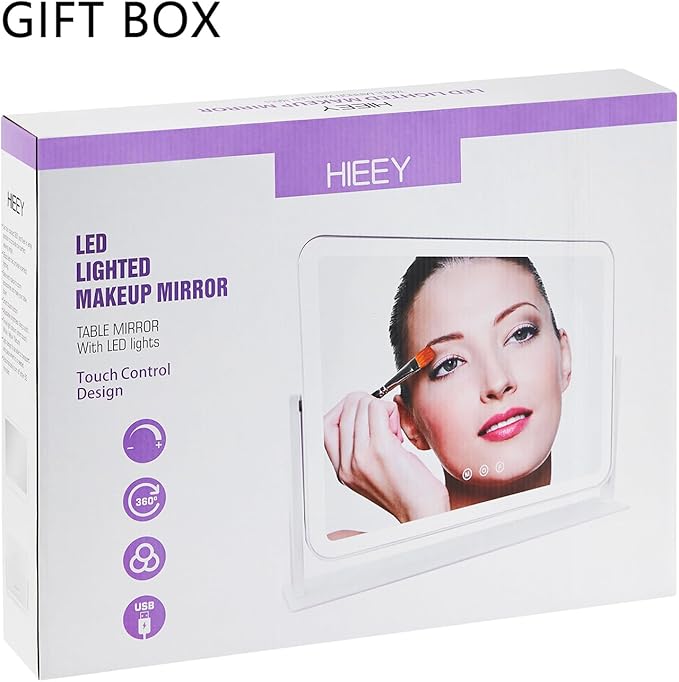 HIEEY Vanity Mirror with Lights, 17.4" x 13.5" Lighted Makeup Mirror, Three Color Lighting Modes, and 5X Magnification Mirror, Smart Touch Control, 360°Rotation (White,Gift Box)