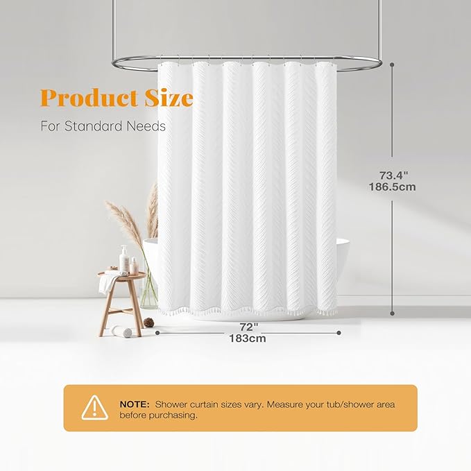 BTTN Boho Farmhouse Shower Curtain, Tufted Leaves Textured Striped Fabric Shower Curtain Set with Tassels, Water Repellent, Bohemian Minimalist Shabby Chic Shower Curtains for Bathroom, White, 72x72