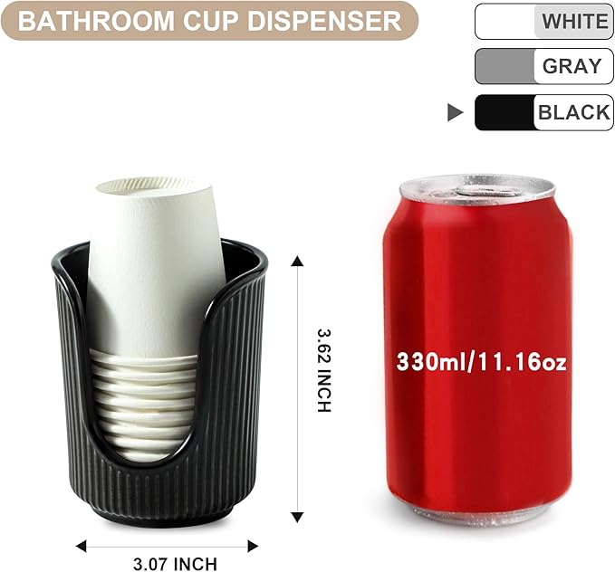 Dobbyby Ceramic Bathroom Cup Dispenser with Stylish Vertical Stripes - Disposable Mouthwash Cup Holder Holds 3-4oz Paper Cups for Rinsing Cups on Bathroom Vanity Countertops (Black)
