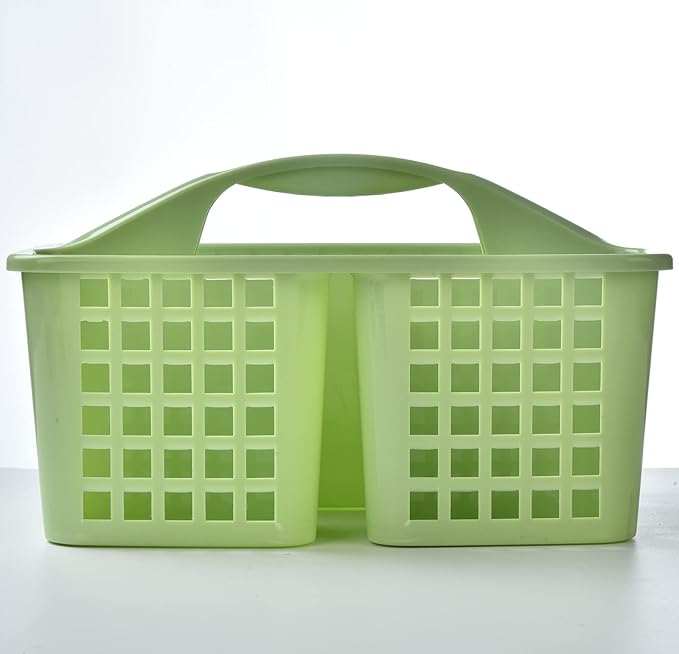 ALINK Plastic Shower Caddy Basket with Compartments, Portable Divided Cleaning Supply Storage Organizer with Handle for College Dorm Bathroom - Green