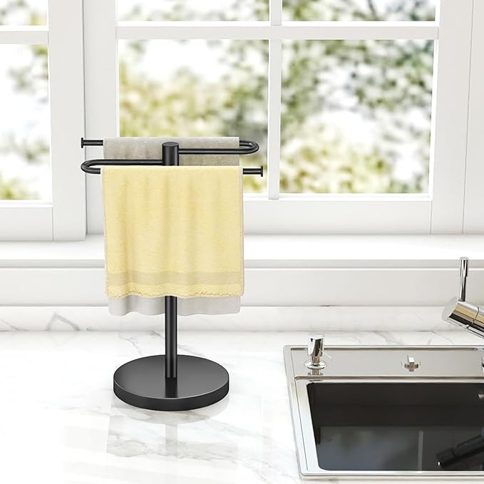 Hand Towel Stand, Stainless Steel Towel Holder for Bathroom Countertop, 15.2 Inch S-Shape Weighted Base Standing Hand Towel Rack Bar Holds 2 Towels for Kitchen Vanity, Black