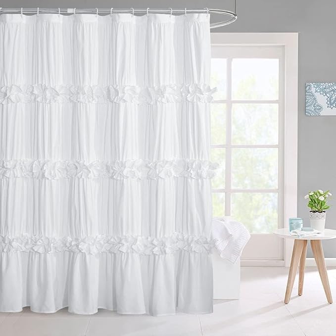 Victorian Ruffle Shower Curtain 72" W x 96" H, Vintage Handcrafted Bow Tie Bath Curtain for Master Bathroom, Ruched Microfiber Bathroom Curtain with 12 Buttonholes, White (LQ-10)