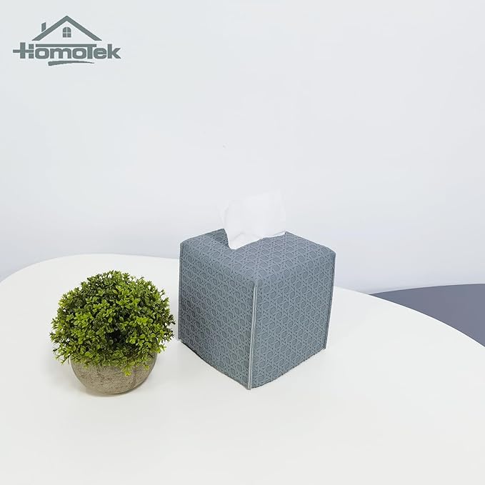 HOMOTEK 2 Pack Tissue Box Cover, Square PU Leather Tissue Holder, Decorative Facial Tissue Cube Paper Organizer Dispenser for Bathroom, Night Stands, Desk, Car 5X5X5'' - Rattan Weave, Light Gray
