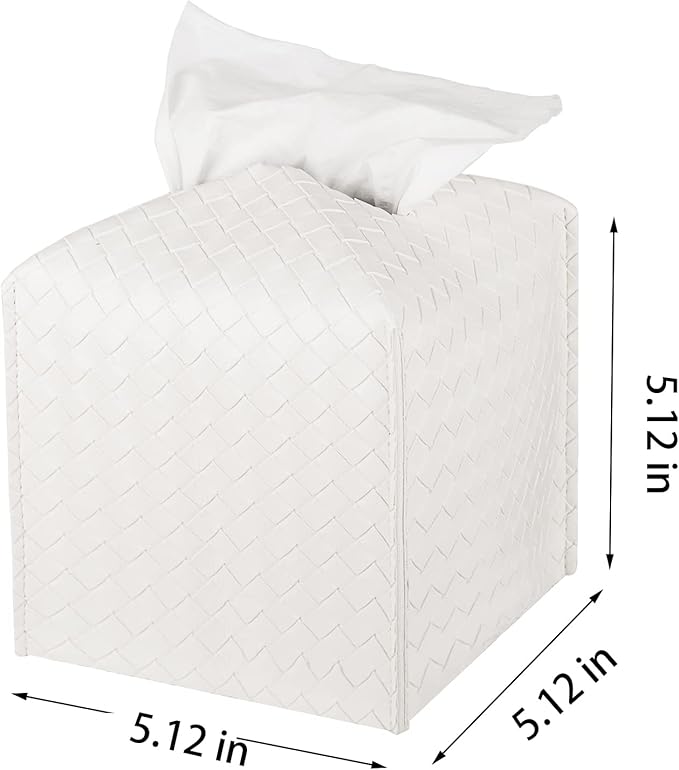 Tissue Box Cover PU Leather Tissue Holder Square Facial Tissue Case Facial Paper Organizer Dispenser for Bathroom, Vanity Countertop, Tabletop, Car, White