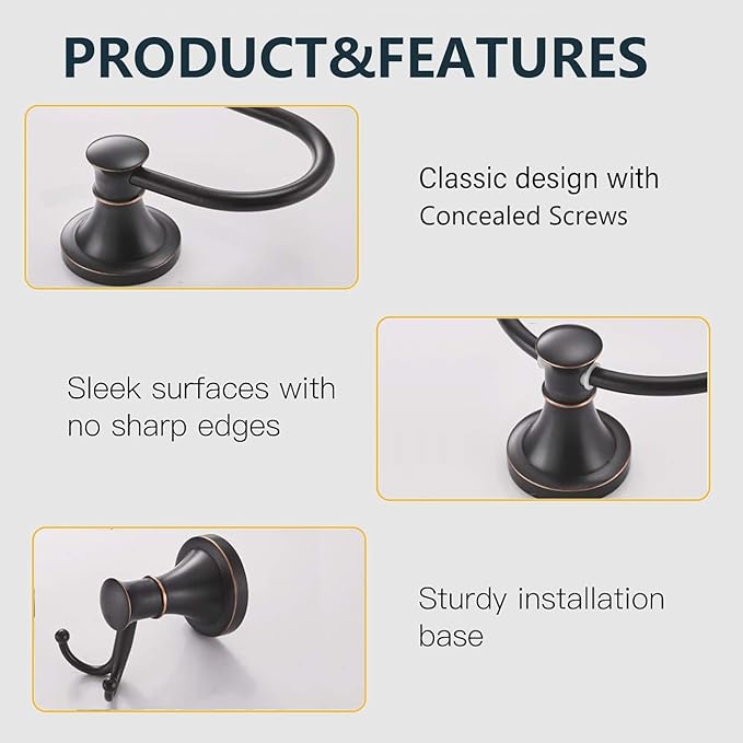 Oil Rubbed Bronze Brushed Black 4 Piece Set, Wall Mount Hardware with Adjustable Single Towel Bar Rack, Towel Ring, Toilet Towel Holder, Double Towel Hooks