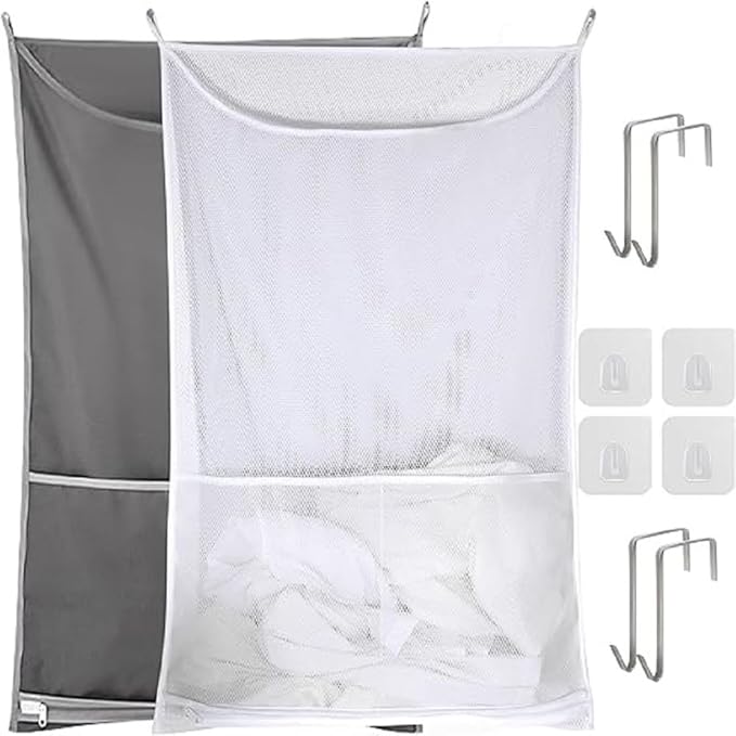 Hanging Laundry Hamper, Over The Door Laundry Hamper, Mesh Hanging Laundry Bag with Pockets Zipper Foldable Lightweight, For Rv Camper Apartment College Dorm Room Storage Small Space Organizer, 2 Pack