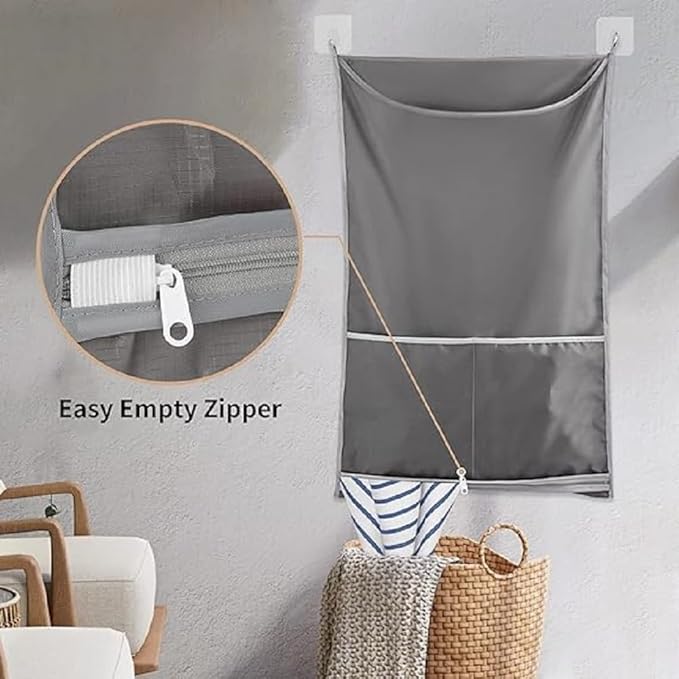 Hanging Laundry Hamper, Over The Door Laundry Hamper, Hanging Laundry Bag with Pockets Zipper Foldable Lightweight, For Rv Camper Apartment College Dorm Room Storage Small Space Organizer, 2 Grey Pack
