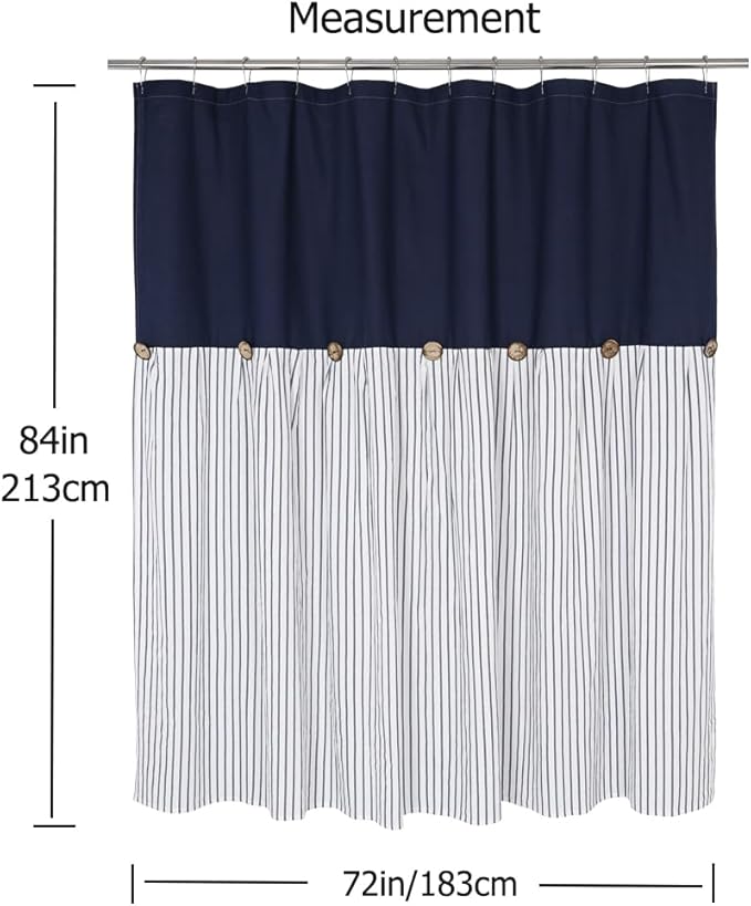 Farmhouse Navy Blue Shower Curtain for Bathroom,Beige and Navy Stripe,Button Curtain,Cotton Blend Woven Fabric,Rustic Charm Country Chic Style,72x84 in