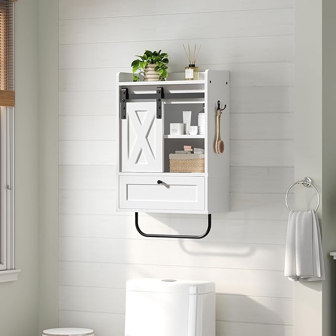MAHANCRIS Bathroom Wall Cabinet, Farmhouse Medicine Cabinets with Sliding Door, Wall Mounted Storage Cabinet with Adjustable Shelf and Towel Bar, for Bathroom, Living Room, Kitchen, White