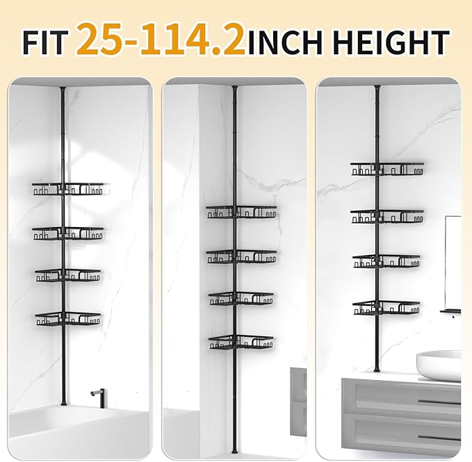 KEGII Adjustable Shower Caddy Corner Tension Pole, Rustproof Shower Rod Organizer with Hooks, Floor to Ceiling Tension Rod 25-114.2 Inch, Bathtub Storage Organizer for Shampoo, 4-Tier Black
