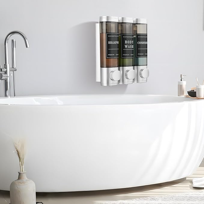 Shampoo and Conditioner Dispenser Shower Dispenser 3 Chamber No Drill Shampoo Dispenser for Shower Wall Mounted Shower Dispenser Body Wash for Bathroom Hotel Large Capacity,Silver