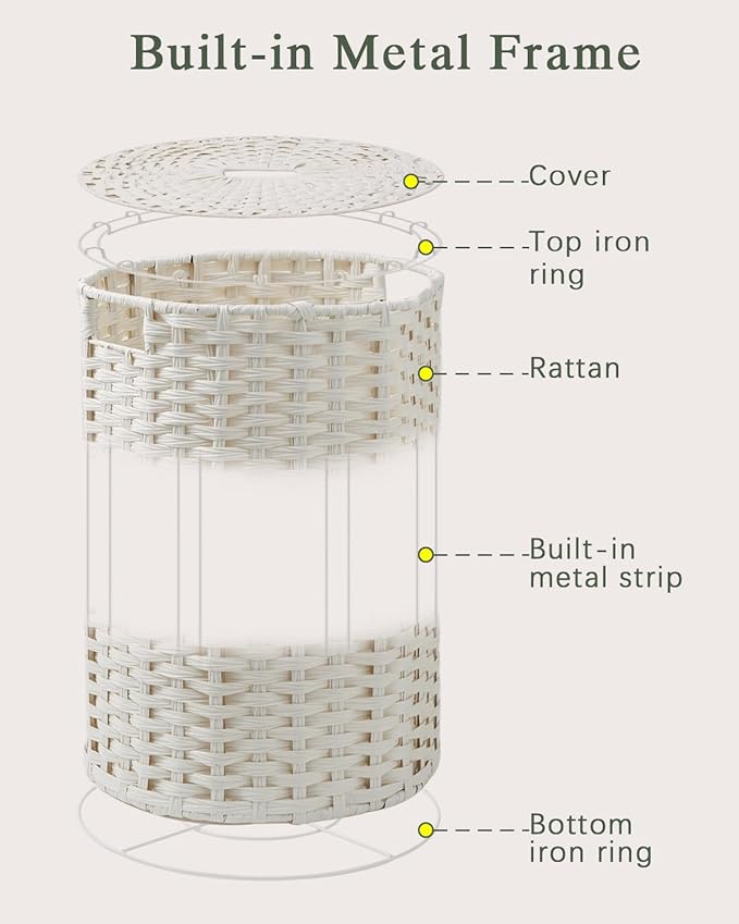 SETVSON 34.3 Gal (130 L) Large Laundry Hamper Laundry Basket Round Handwoven Wicker Laundry Baskets Rattan Laundry Basket with Removable Bag Handles 2 Mesh Bags for Living Room Bedroom White (No Lid)