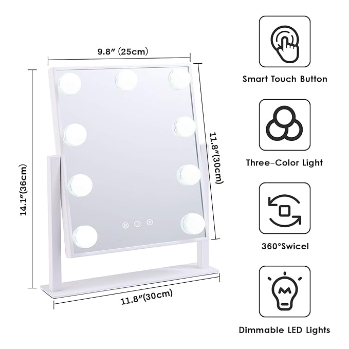 BWLLNI Lighted Makeup Mirror Hollywood Mirror Vanity Mirror with Lights, Touch Control Design 3 Colors Dimable LED Bulbs, Detachable 10X Magnification, 360°Rotation, (White) 12" L x 14" W