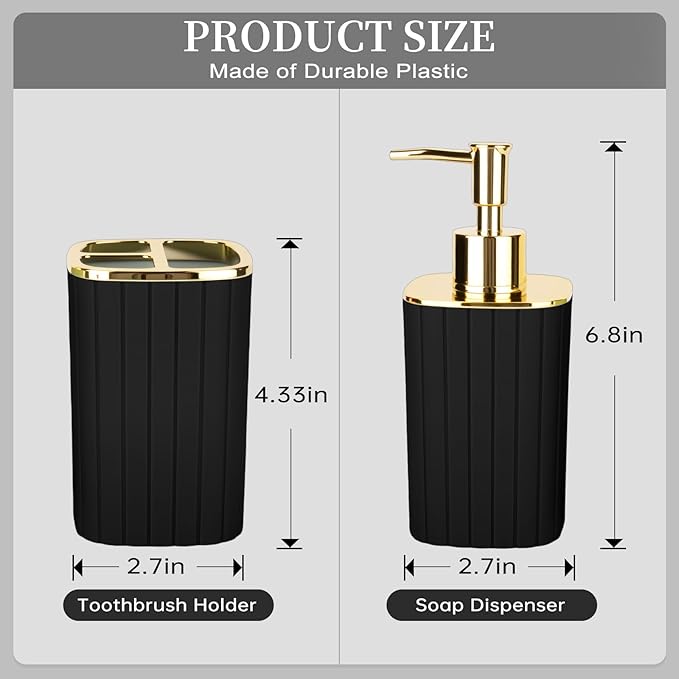 2PCS Bathroom Accessories Set, Black and Gold Bathroom Accessories Include Soap Dispenser and Toothbrush Holder for Boho Bathroom Decor