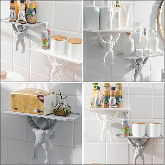 2pcs Wall-Mounted Spaceman Storage Rack Bathroom Shelf No-Drill Hanging Organizer Decorative Bathroom Wall Rack for Shampoo Razor Toothbrush Holder