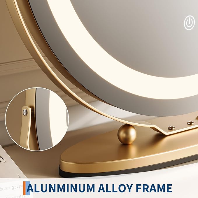 19" Round Vanity Mirror with Lights, Large Makeup Mirror with 3 Color Lighting Dimmable, Smart Touch Control, 360°Rotation Vanity Mirror for Bedroom, Dressing Room, Tabletop, Easy to Install, Gold