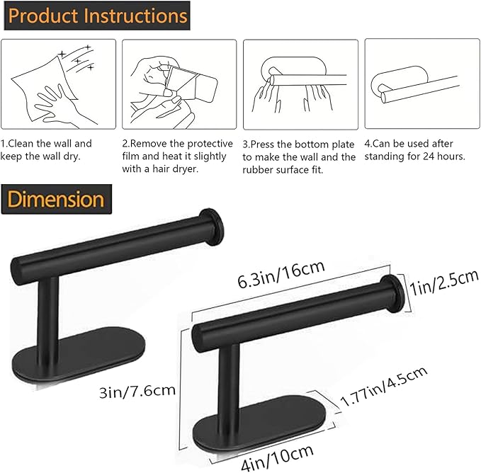 JOPOFI Toilet Paper Holder - Self Adhesive Toilet Paper Holder Wall Mount for Bathroom, SUS 304 Stainless Steel Command Strip Toilet Paper Roll Holder Stick On Wall, No Drilling - Matte Black(2 Pcs)