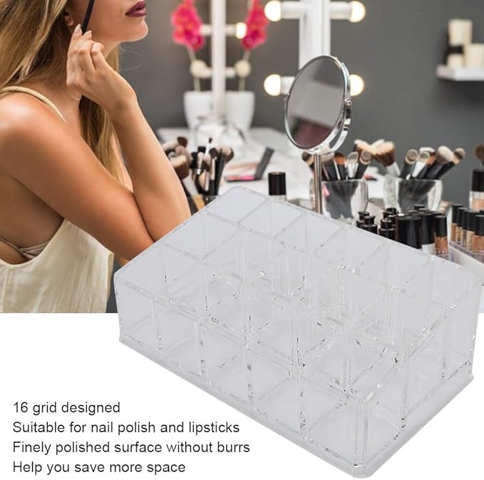 Cosmetic Makeup Organizer, Polished Surface Acrylic Lipstick Holder 16 Grid Large Capacity Save Space for Nail Polish for Lipsticks