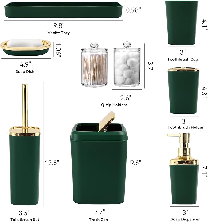 XLHOMO Bathroom Accessories Set, Green Bathroom Set, Dark Green Bathroom Accessory Set with Trash Can, Soap Dispenser, Soap Dish, Toothbrush Holder and Q-tip Holders