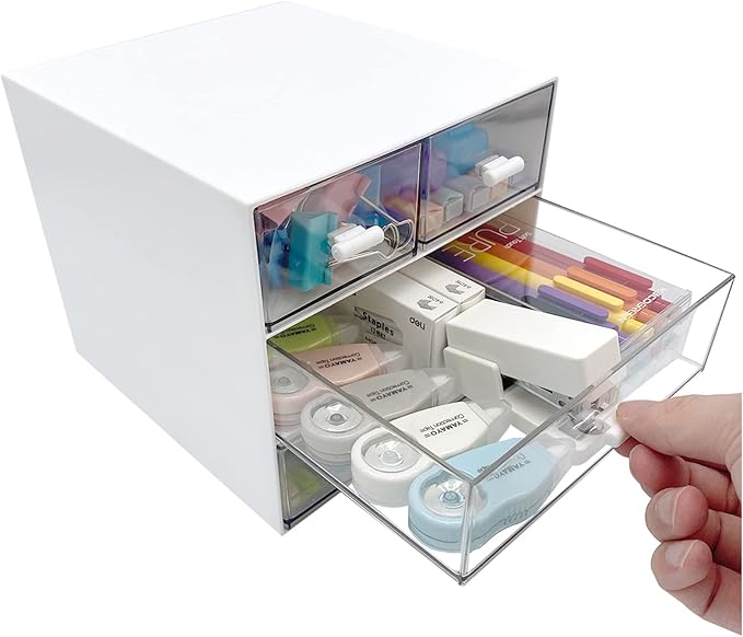 Makeup Organizer, Desk Organizer with 4 Drawers, Sundries Storage,Vanity Organizer, Cosmetic Storage Organizer, Desk Storage Box, Bathroom Counter or Dresser, White QBH-4CT-1