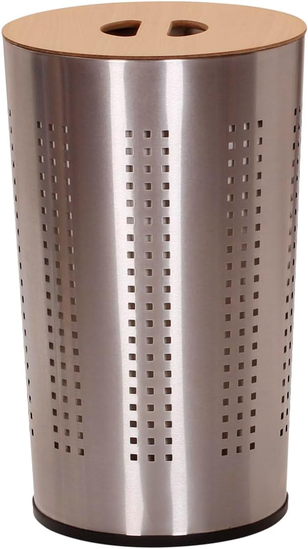Household Essentials 7081-1 Round Metal Laundry Hamper - Removable Liner Bag and Wood Lid - Stainless Steel