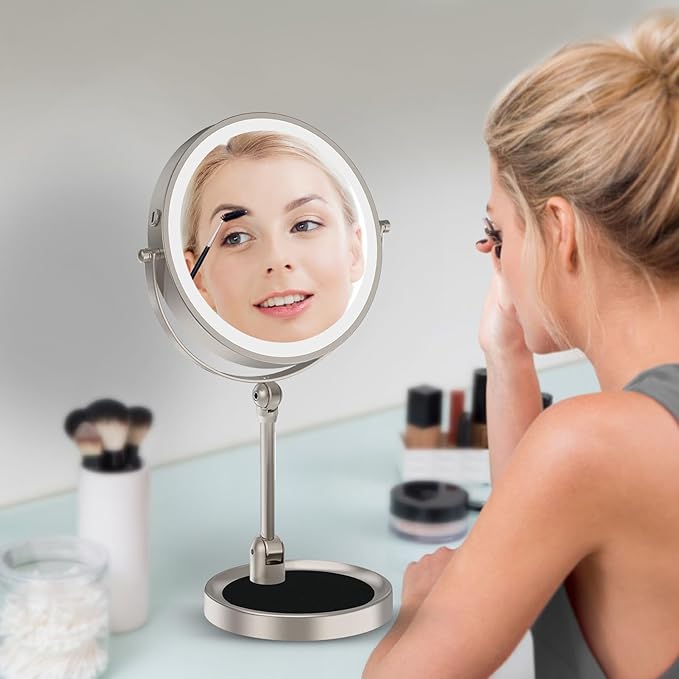 Rocollos Lighted Vanity Mirror: 9" Rechargeable Tabletop Makeup Mirror, 10X Magnification, 3 Color Dimmable, Height Adjustable Cordless Mirror, 4000mAh USB-C, 360° Swivel, Rustproof for Bathroom