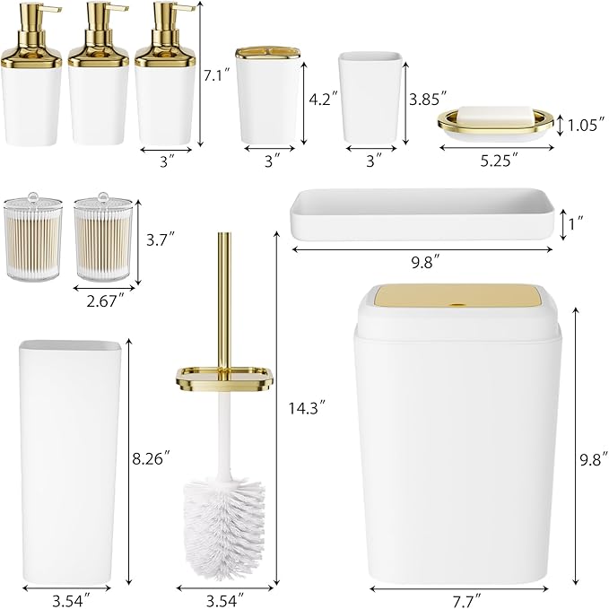 Bathroom Set — Bathroom Accessories Set, 11PC Bathroom Accessory Set, White Bathroom Set with Push-lid Trash Can, 3PC Soap Dispensers, Toilet Brush & Qtip Holders