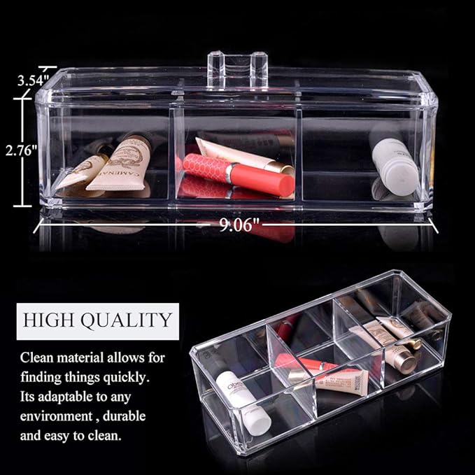 Cotton Ball and Swab Holder Organizer with Lid, Dustproof, Waterproof, Clear Acrylic 3 Compartment Cotton Pad Container for Cosmetics
