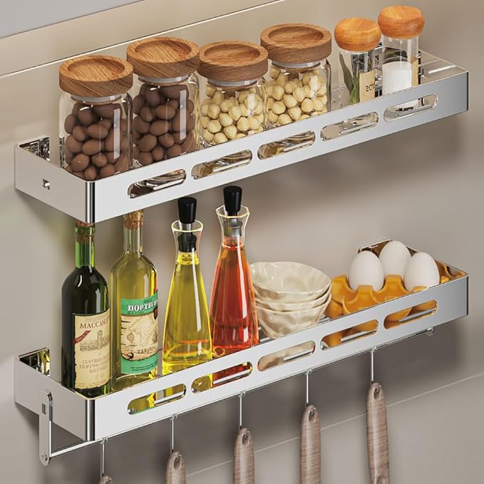2-Tier Floating Shelf with Removable Hooks, 23.6 inches, Stainless Steel Wall Mounted Bathroom Shelves,Polishing