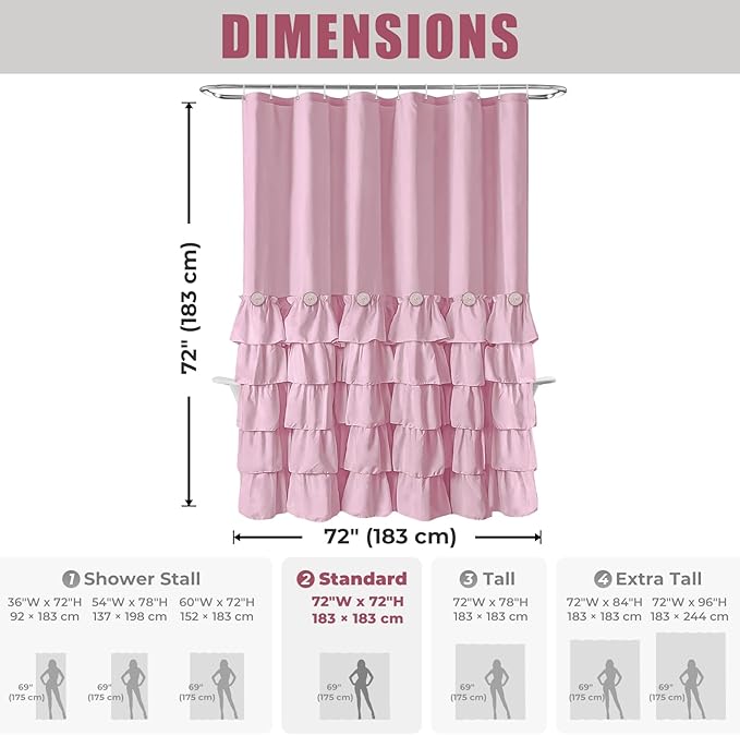 Seasonwood Pink Ruffle Shower Curtain Cute Girly Shower Curtain Button Farmhouse Style Pink Fabric Shower Curtains Blush Shower Curtains for Bathroom