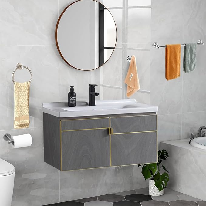 MGahyi 5 Pieces Bathroom Accessories Set, Stainless Bathroom Hardware Set, Extendable Towel Racks for Bathroom(12.8-24.8inch), Robe Towel Hooks Toilet Paper Holder Towel Ring (Silver)