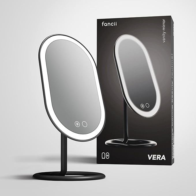 Fancii Vera LED Lighted Vanity Makeup Mirror, Rechargeable - Cordless Illuminated Cosmetic Mirror with 3 Dimmable Light Settings, Dual Magnification (Obsidian)