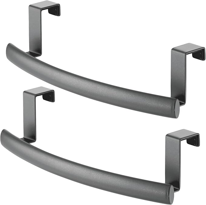 mDesign Steel Over Door Curved Towel Bar Storage, Hanger for Cabinet or Cupboard, Holder Rack for Kitchen, Bathroom - Holds Hand/Dish Towels, Washcloths - Spira Collection - 2 Pack - Graphite Gray